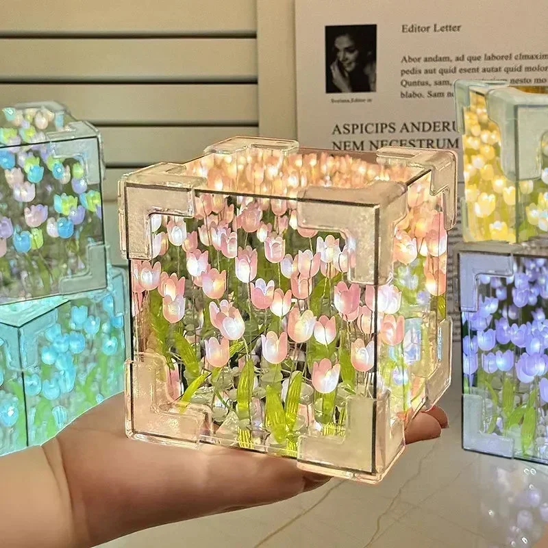 NEW Creative Diy Tulip Flower Sea Cube Three-Dimensional Small Night Lamp Material Package for Girlfriend Couple Girlfriend Gift thumbnail 5