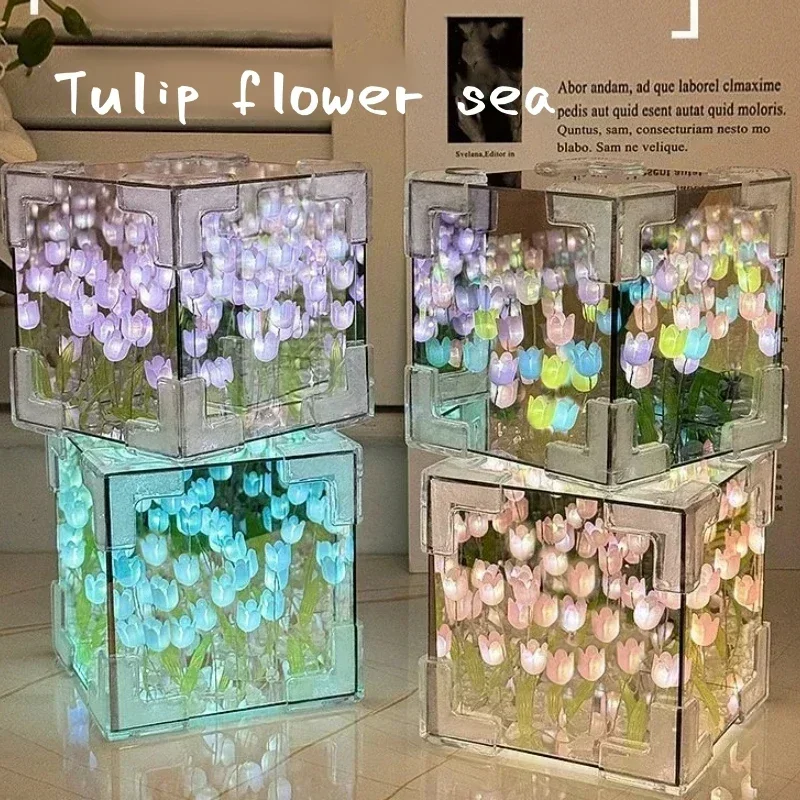 NEW Creative Diy Tulip Flower Sea Cube Three-Dimensional Small Night Lamp Material Package for Girlfriend Couple Girlfriend Gift thumbnail 2