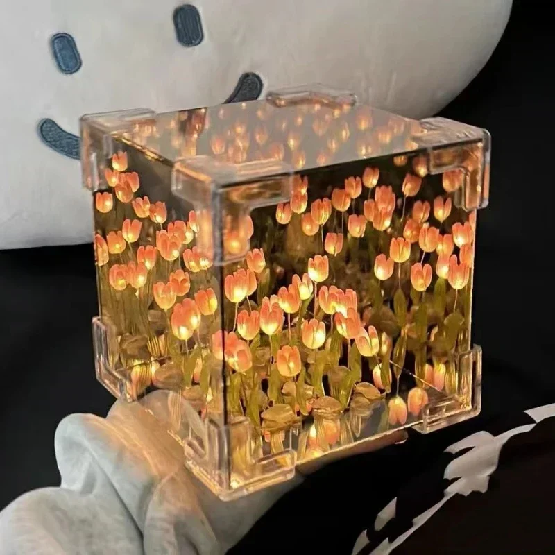 NEW Creative Diy Tulip Flower Sea Cube Three-Dimensional Small Night Lamp Material Package for Girlfriend Couple Girlfriend Gift thumbnail 4