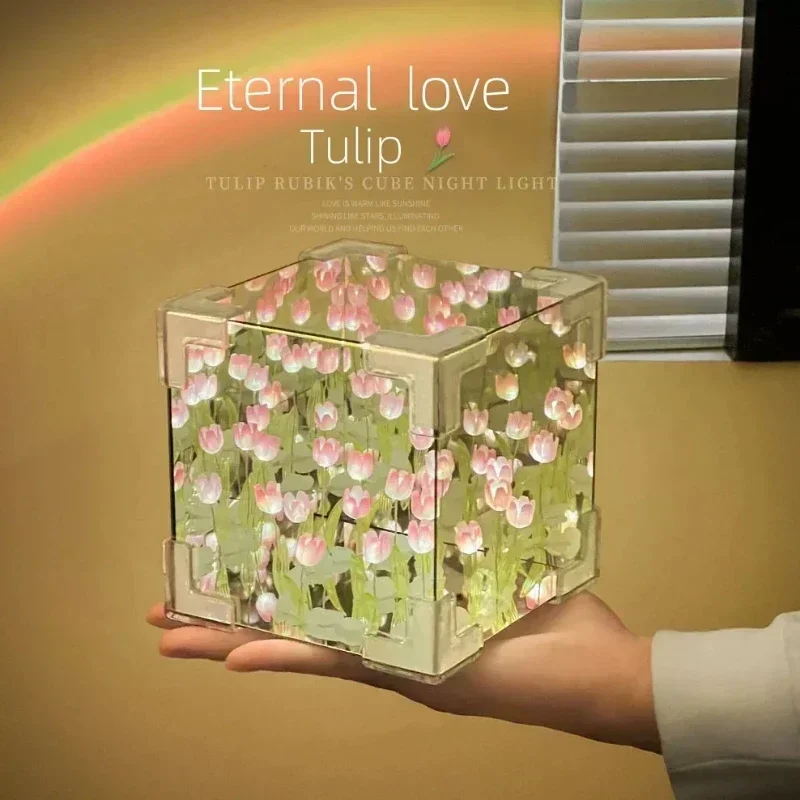 NEW Creative Diy Tulip Flower Sea Cube Three-Dimensional Small Night Lamp Material Package for Girlfriend Couple Girlfriend Gift thumbnail 3
