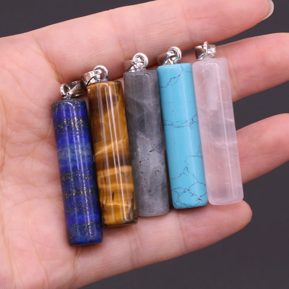 1pc 10x43mm Cylinder Shape Crystal Pendant Natural Stone Rose Quartz Charms for Jewelry Making DIY Necklace Earrings Accessories thumbnail 2