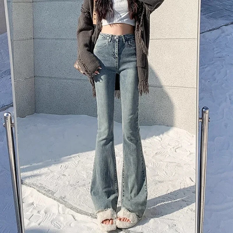 2024 Woman High Waist Vintage Flare Jeans Female Gothic Elastic Bell Bottom Pants Lady Streetwear Blue Black Grey Denim Trousers thumbnail 2