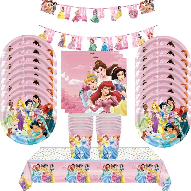 Cartoon Six Princess Theme Party Decoration Disposable Tableware Girls Birthday Party Supplies Princess Cup Plate Tablecloth Set
