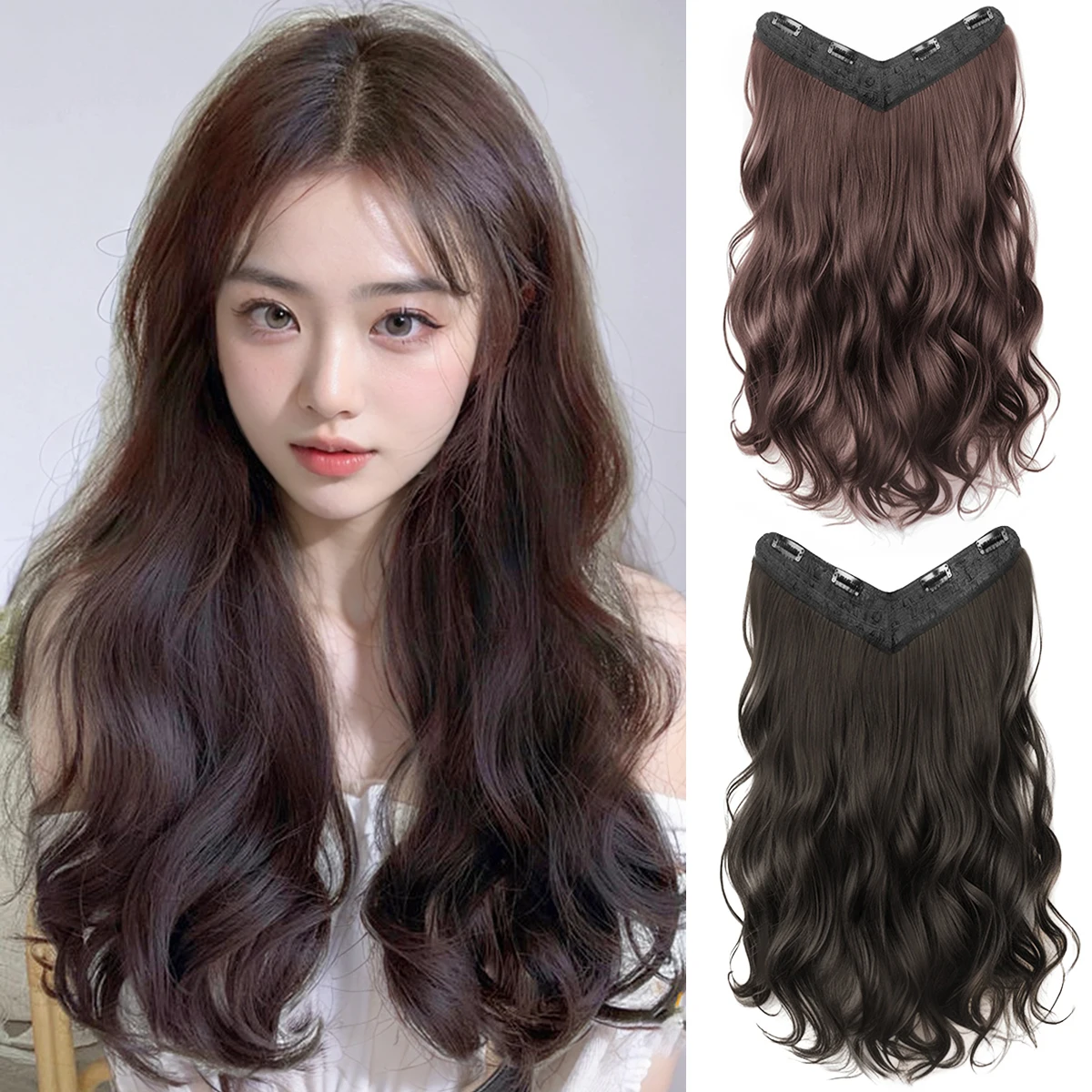 Natural Synthetic V-shaped Wavy Hair Extension Piece Surrounds The Wig Piece Sandwiched The Woman's Hair Curly Hair Accessories