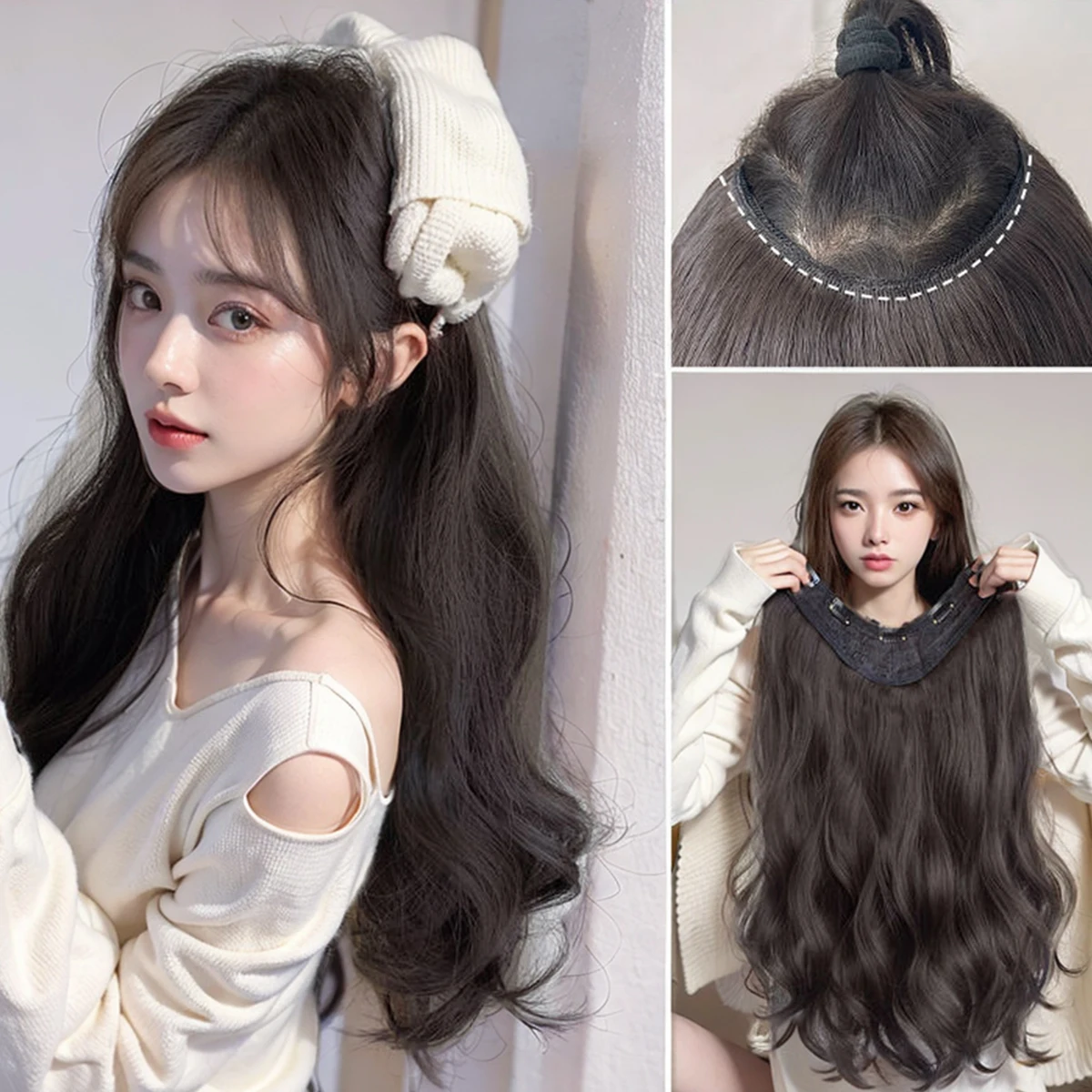 Natural Synthetic V-shaped Wavy Hair Extension Piece Surrounds The Wig Piece Sandwiched The Woman's Hair Curly Hair Accessories thumbnail 5