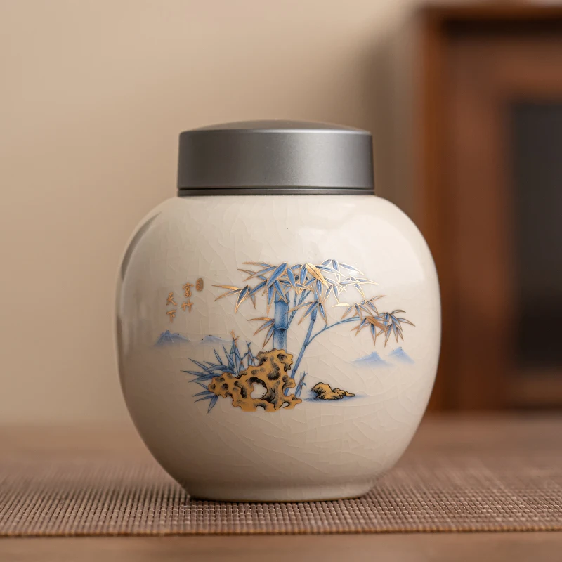 Ruyao Tea Pot Aluminum Alloy Lid Ceramic Sealed Pot Tea Bag Storage Box Tea Container Living Room Coffee Table Decorative Jar thumbnail 2