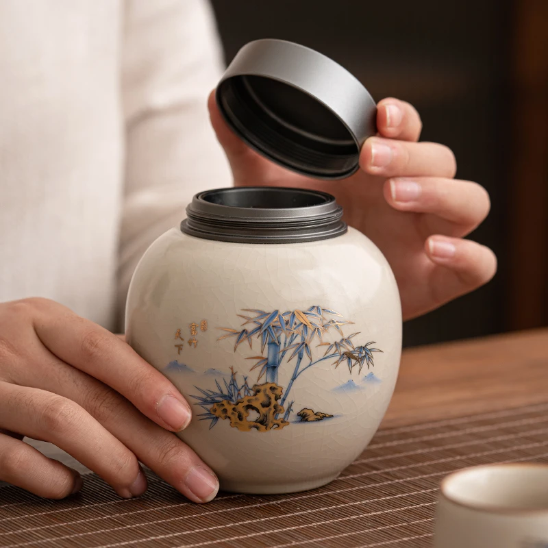 Ruyao Tea Pot Aluminum Alloy Lid Ceramic Sealed Pot Tea Bag Storage Box Tea Container Living Room Coffee Table Decorative Jar thumbnail 3