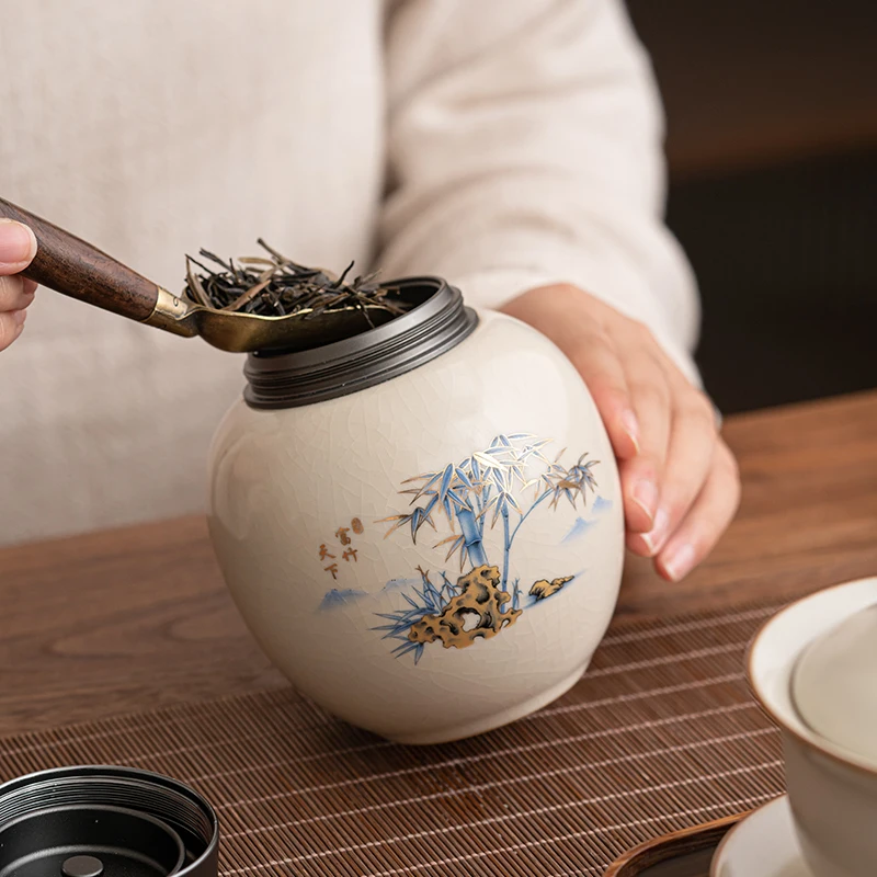 Ruyao Tea Pot Aluminum Alloy Lid Ceramic Sealed Pot Tea Bag Storage Box Tea Container Living Room Coffee Table Decorative Jar thumbnail 5