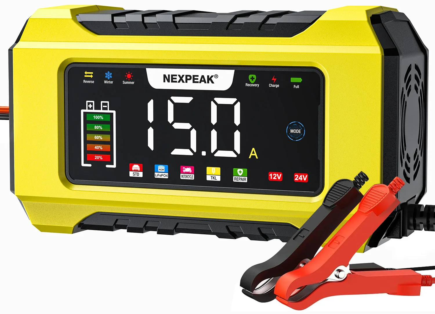 NEXPEAK  NC215 15A Smart Battery Charger Automatic Pulse Repair Charge LCD Display AGM Deep cycle Lead-Acid LiFePO4 Charger
