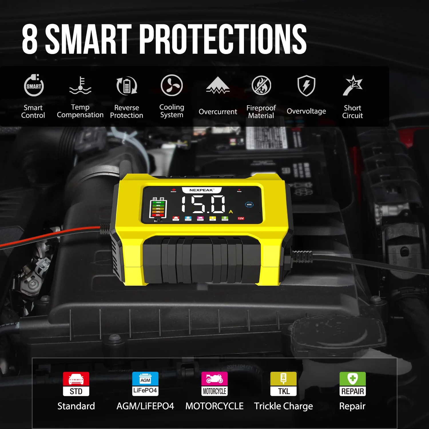NEXPEAK  NC215 15A Smart Battery Charger Automatic Pulse Repair Charge LCD Display AGM Deep cycle Lead-Acid LiFePO4 Charger thumbnail 4