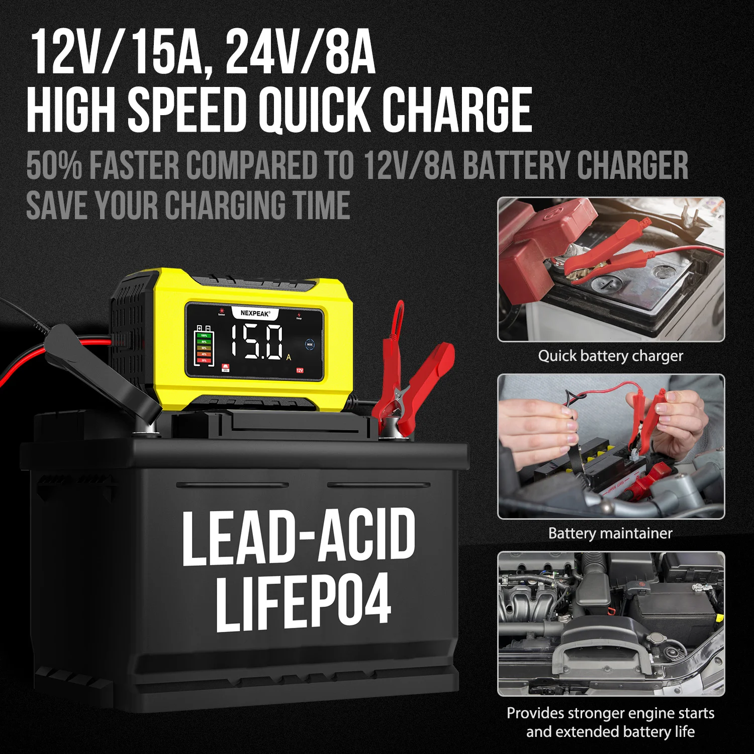 NEXPEAK  NC215 15A Smart Battery Charger Automatic Pulse Repair Charge LCD Display AGM Deep cycle Lead-Acid LiFePO4 Charger thumbnail 2