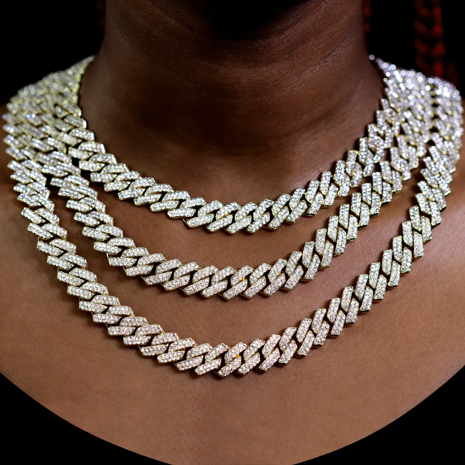 16/18/20/22/24inch Gold Color Cuban Link Chain for Women Men 2 Row Rhinestone Rhombus Prong Cuban Necklaces Hip Hop Jewelry thumbnail 2