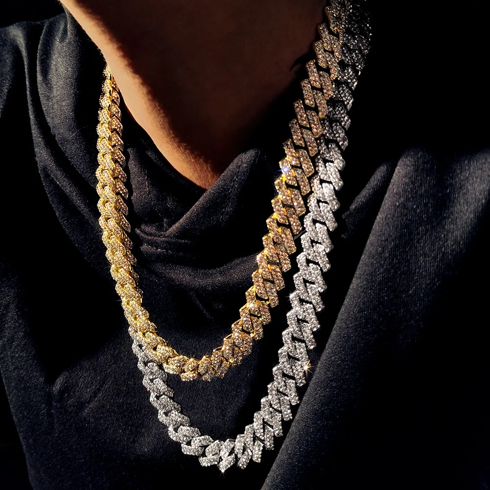 16/18/20/22/24inch Gold Color Cuban Link Chain for Women Men 2 Row Rhinestone Rhombus Prong Cuban Necklaces Hip Hop Jewelry thumbnail 3