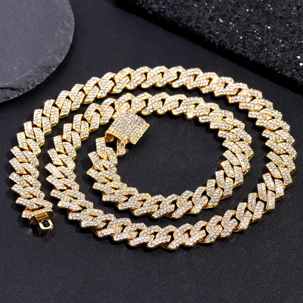 16/18/20/22/24inch Gold Color Cuban Link Chain for Women Men 2 Row Rhinestone Rhombus Prong Cuban Necklaces Hip Hop Jewelry thumbnail 4