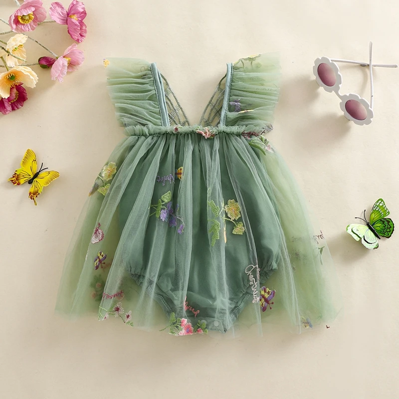 Baby Girl Halloween Costume Butterfly Wing Mesh Flower Sleeveless Tulle Fairy Romper Dress Birthday Tutu Dress thumbnail 3