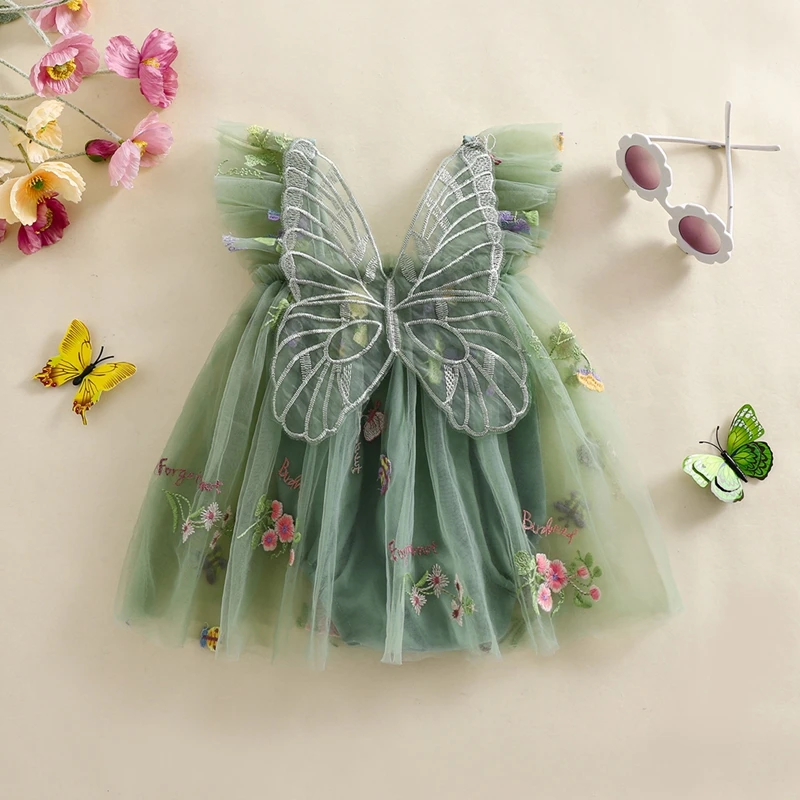 Baby Girl Halloween Costume Butterfly Wing Mesh Flower Sleeveless Tulle Fairy Romper Dress Birthday Tutu Dress thumbnail 2