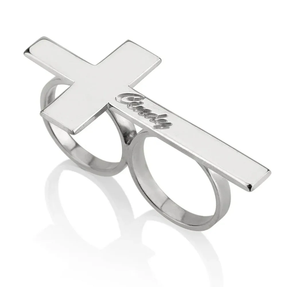 Custom Cross Ring Two Finger Ring Engraving Name Silver Stainless Steel Ring Men Knuckle Jewelry Personalized Gift for Boyfriend