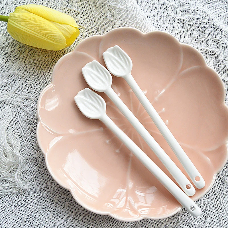 1PC Tulip Ceramic Coffee Spoon Long Handle Ice Cream Spoon Dessert Milk Tea Honey Stick Stirring Tool thumbnail 2