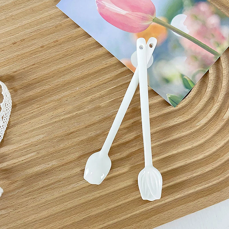 1PC Tulip Ceramic Coffee Spoon Long Handle Ice Cream Spoon Dessert Milk Tea Honey Stick Stirring Tool thumbnail 4