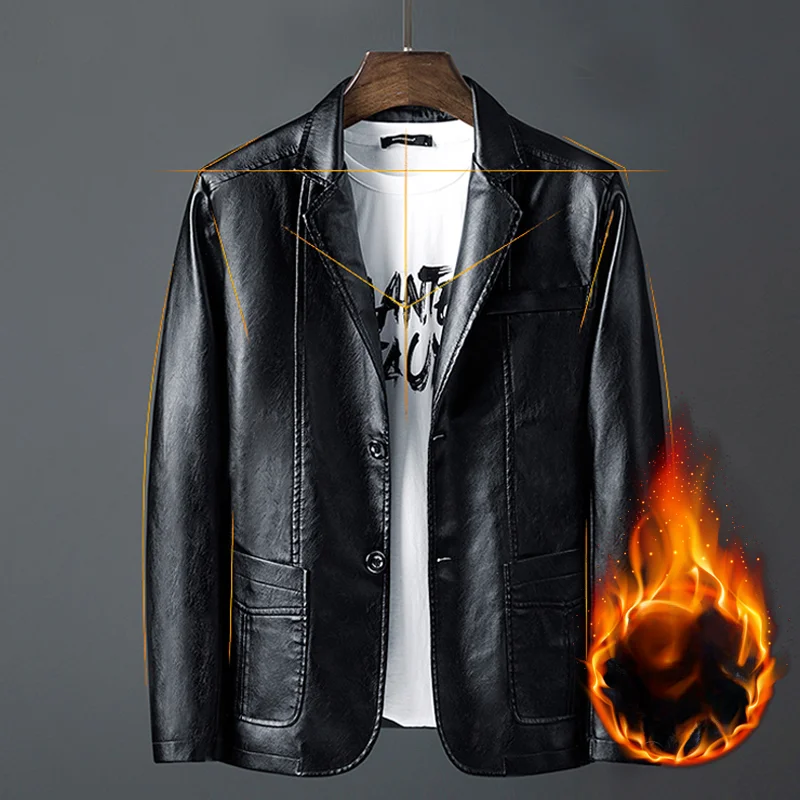Korean Men's Leather Jacket 2024 Thick with Plush Business Casual Lapel Leather Coat Black Men's Autumn/winter Brand Clothing
