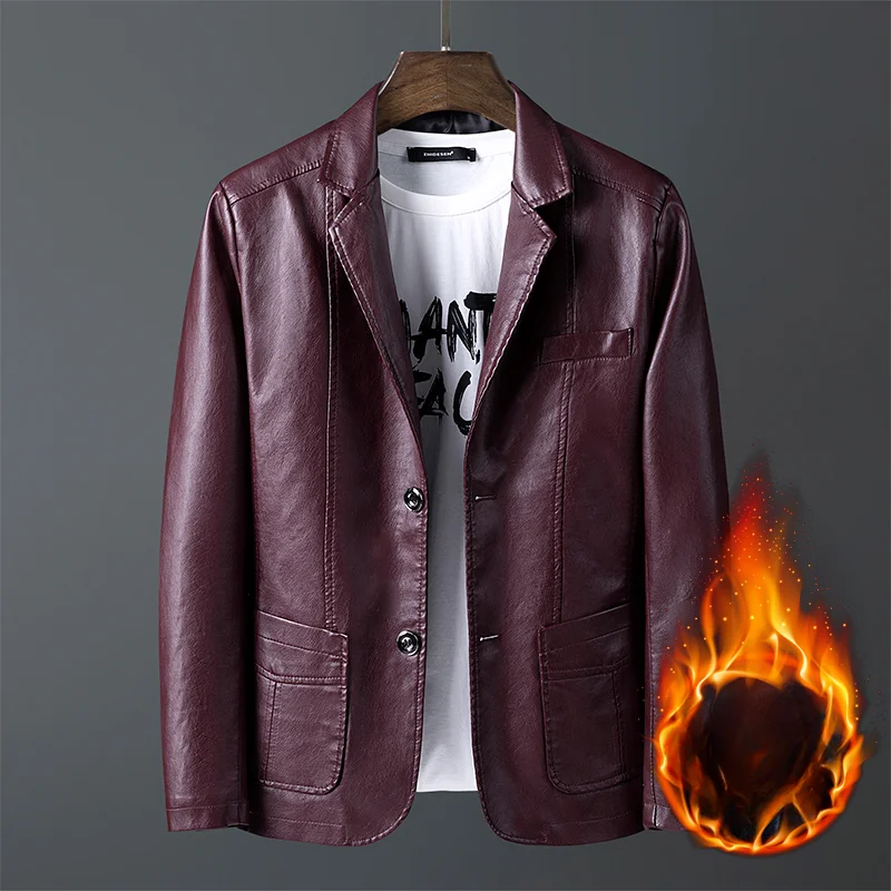 Korean Men's Leather Jacket 2024 Thick with Plush Business Casual Lapel Leather Coat Black Men's Autumn/winter Brand Clothing thumbnail 2