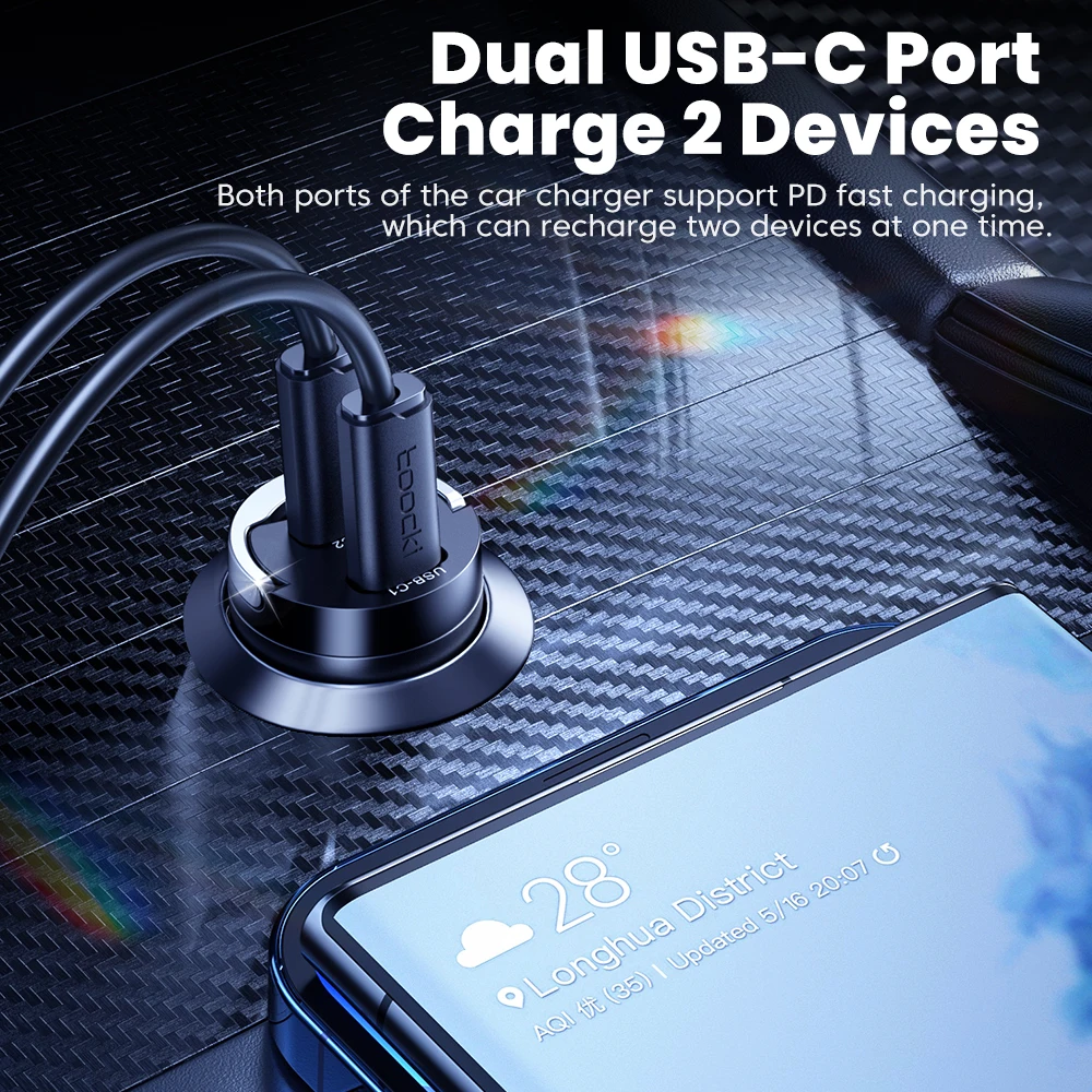 Toocki 45W USB Type C Dual Ports Car Charger Quick Charge 3.0 FCP SCP For iPhone Xiaomi Huawei Samsung Fast Charging Car Charger thumbnail 2
