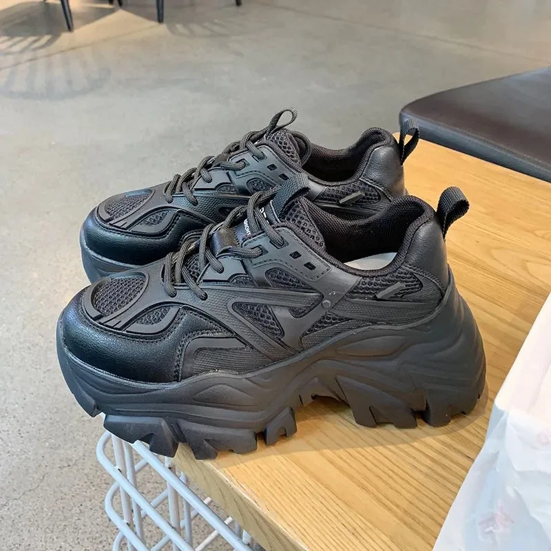 Women New Fashion Platform Sport Shoes Women 2024 New Summer Black Casual Chunky Sneakers Women Mesh Leather Platform Shoes thumbnail 3