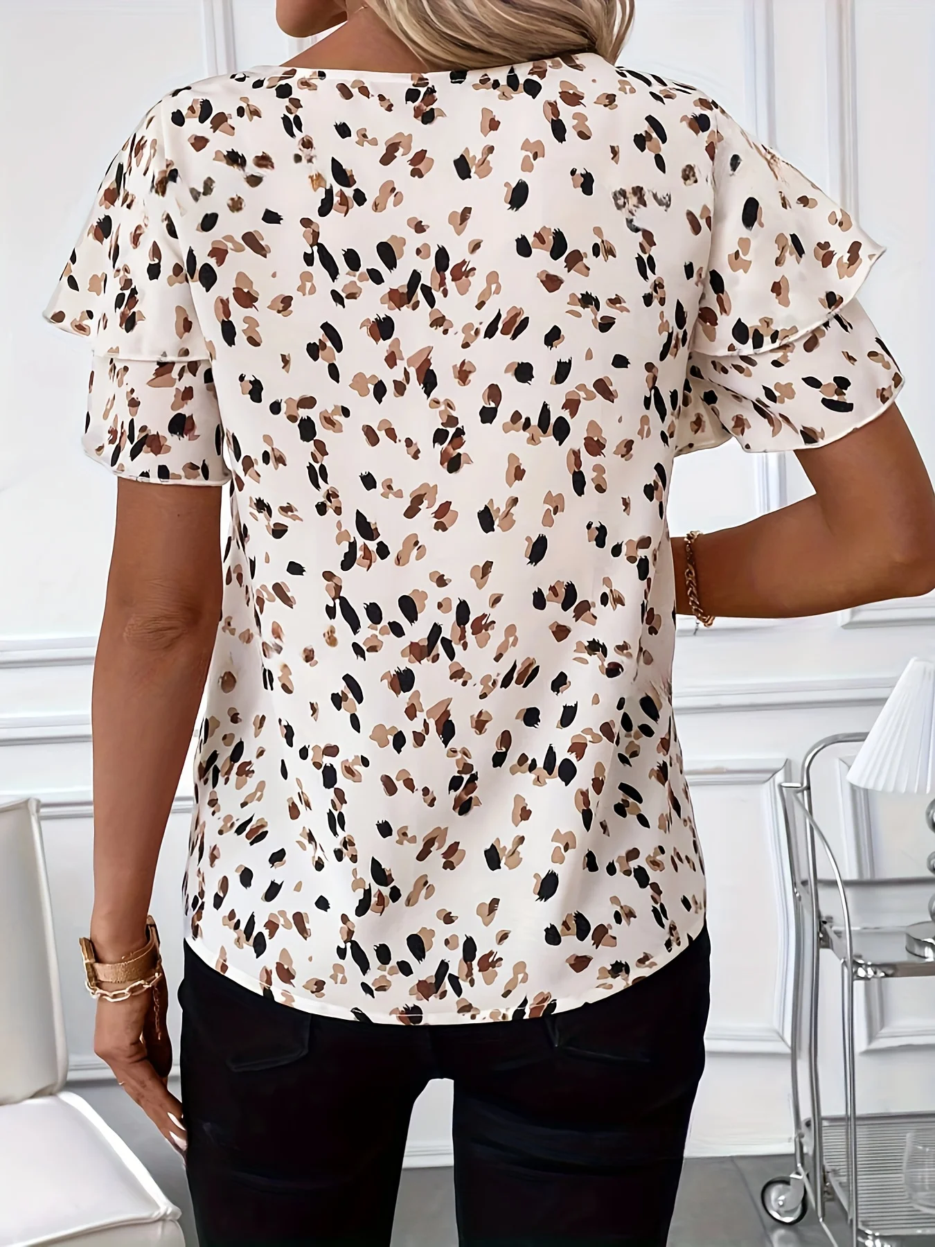 Summer Women Elegant Print Shirt Casual Fashion Vacation Crew Neck Ruffle Sleeve Tops Clothing thumbnail 2