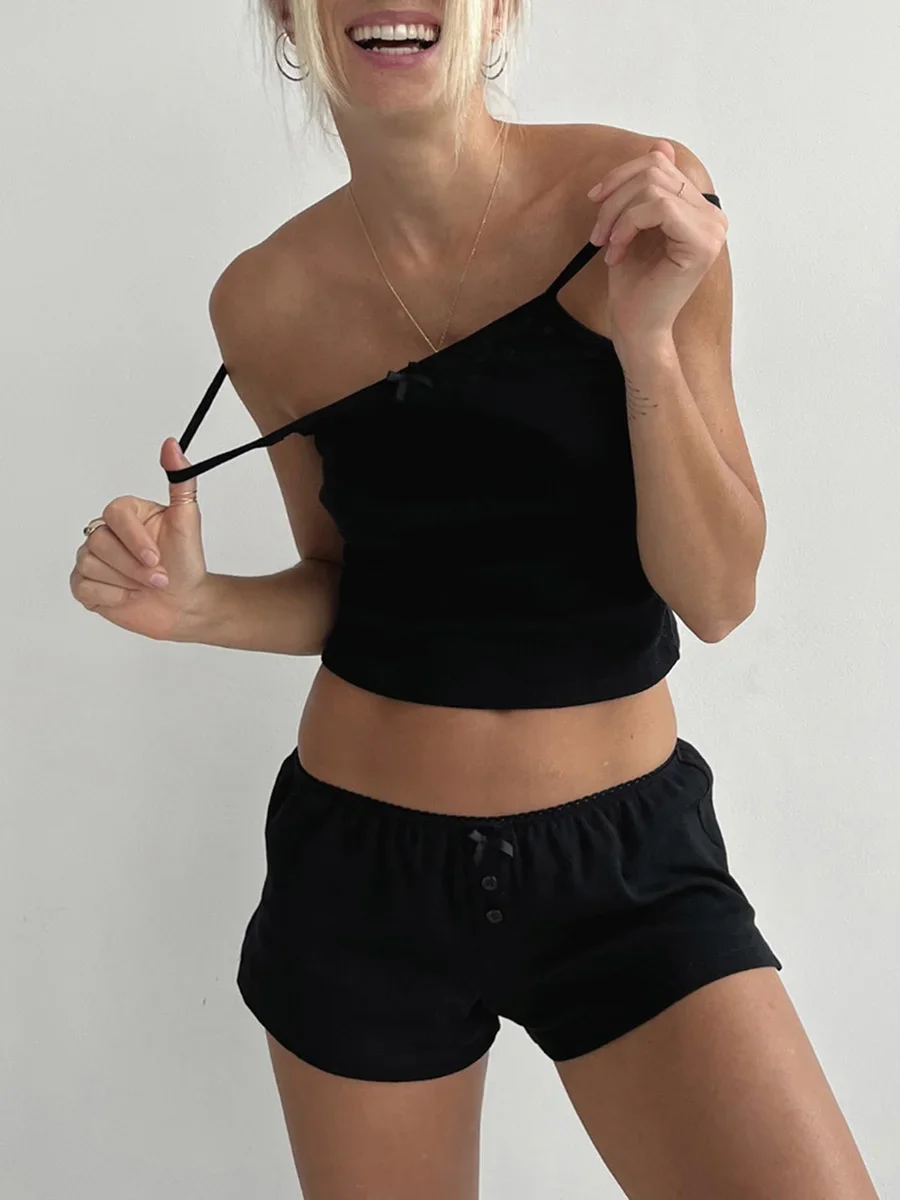 Y2k Comfy Women 2 Piece Outfit Lace Trim Sleeveless Crop Cami Top and Shorts Summer Lounge Pjs Set Sleepwear thumbnail 5