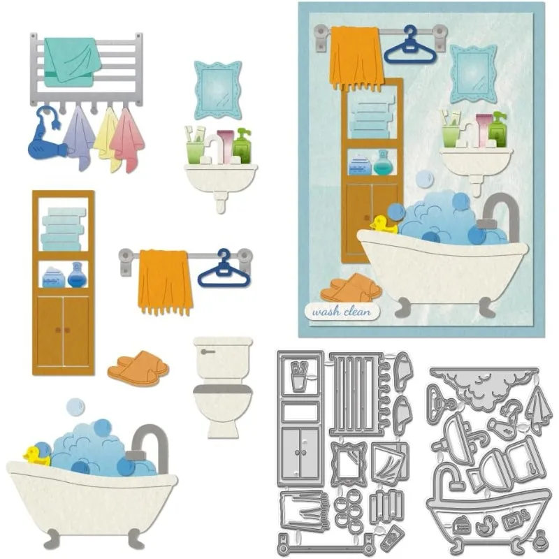 2pcs Bathtub Theme Carbon Steel Cut Stencils Metal Bathroom Shower Embossing Stencil Die Cuts for DIY Scrapbooking Decorations