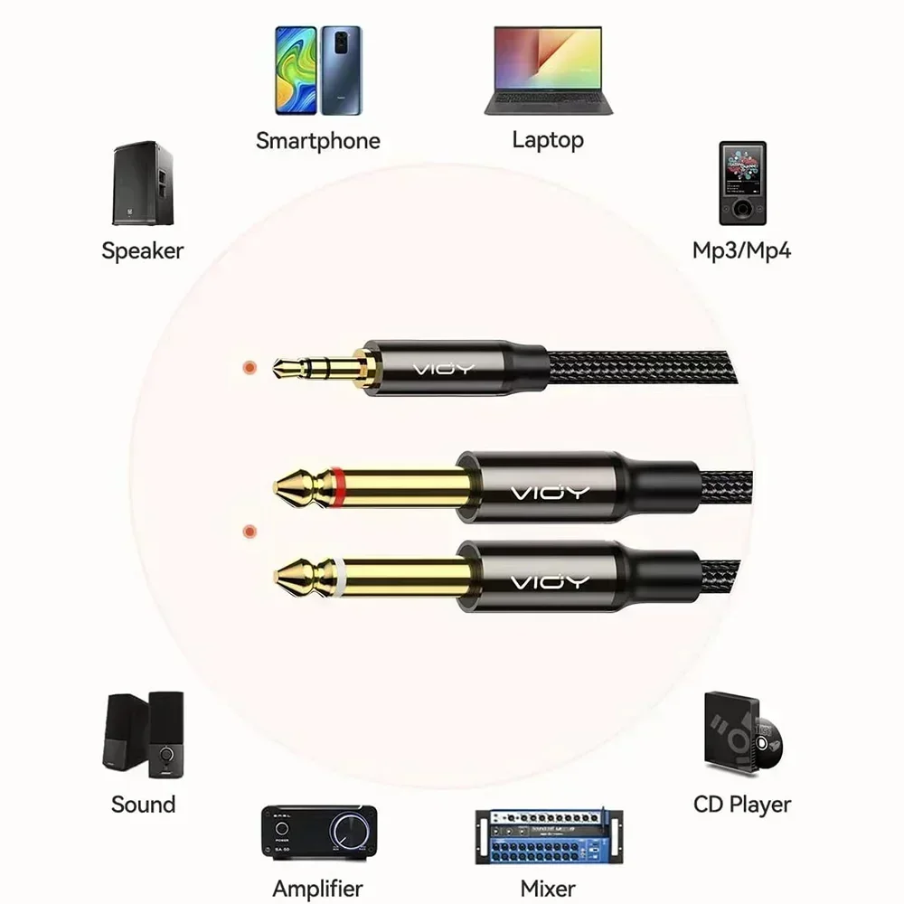 3.5 to 6.35 Stereo Cable 3.5mm TRS to 2 x 6.35mm TS Mono Y Splitter Audio Cord Compatible with Phone iPod Laptop Mixer Amplifier thumbnail 3