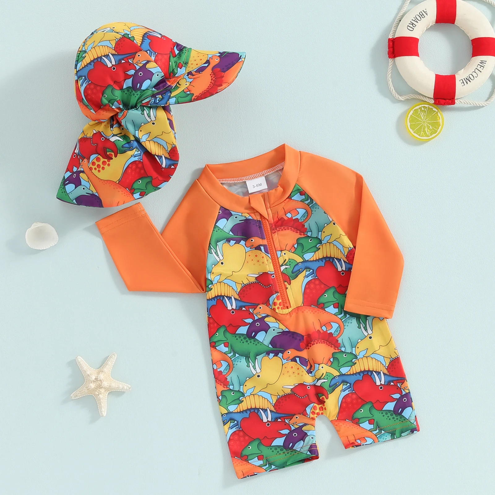 Infant Baby Boys Rash Guard with Swim Cap Long Sleeve Swimwear Turtle/Dinosaur Print Beachwear Toddler Swimwear Bathing Suit thumbnail 5