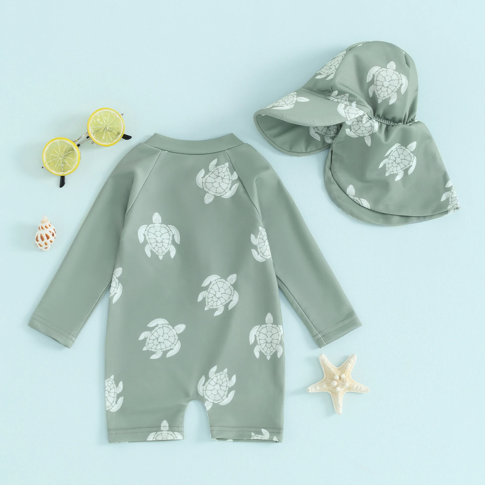 Infant Baby Boys Rash Guard with Swim Cap Long Sleeve Swimwear Turtle/Dinosaur Print Beachwear Toddler Swimwear Bathing Suit thumbnail 2