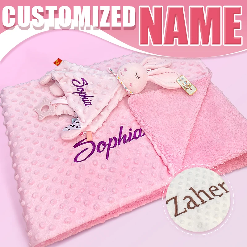 Personalized Soft Plush Baby Blanket with Name Newborn Stroller Sleeping Dolls Custom Towel Cover -appease Soother Gift