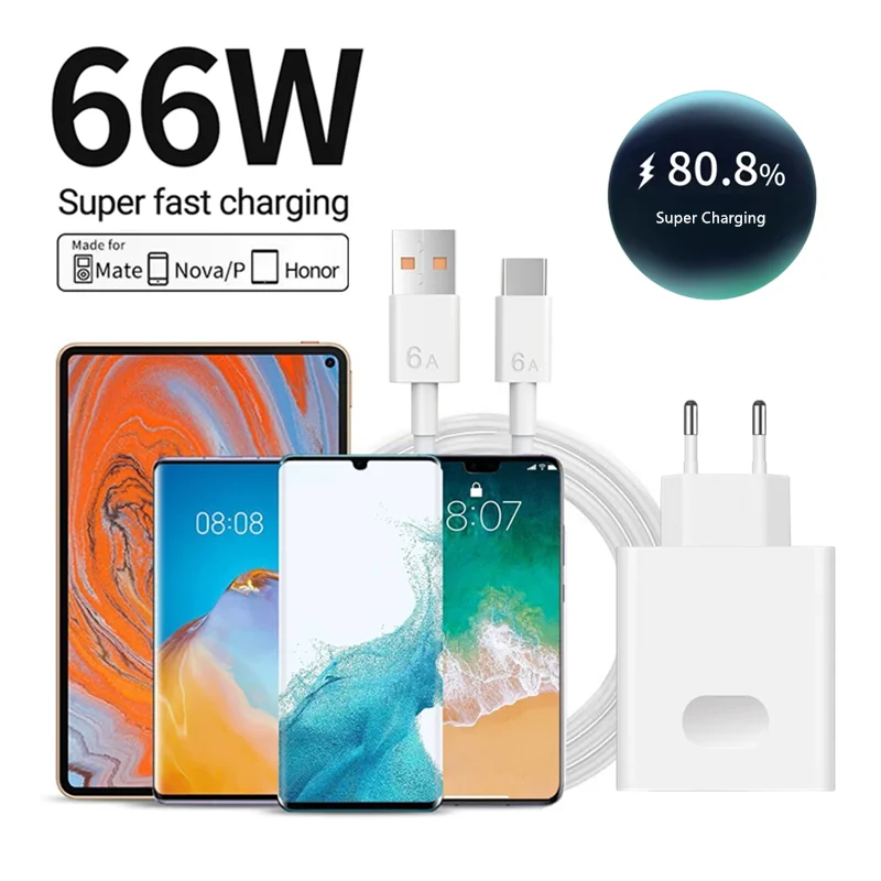 6A 66W Super Fast EU Wall Charger For Huawei Mate 40 50 60 P50 Nova 8 9 10 Honor 90 100 X7 X8 X9 Magic Type C Charging USB Cable thumbnail 6