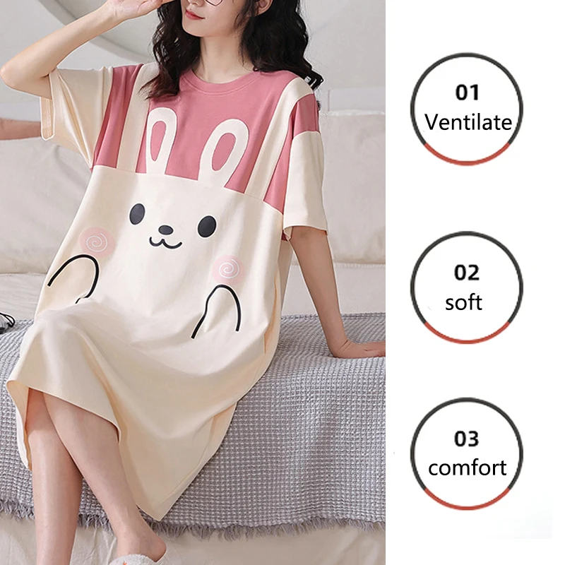 Women Large Size Pajamas Short-Sleeved Nightgown Cartoon Bear 5xl Long Student Robe Rabbitlong Skirt Loungewear Girl Dress thumbnail 4