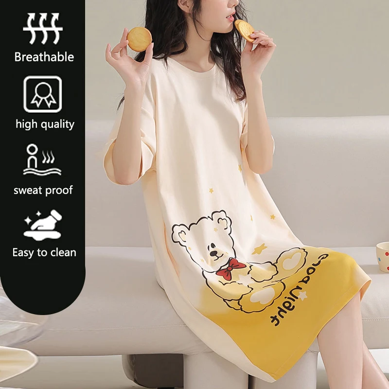Women Large Size Pajamas Short-Sleeved Nightgown Cartoon Bear 5xl Long Student Robe Rabbitlong Skirt Loungewear Girl Dress thumbnail 3