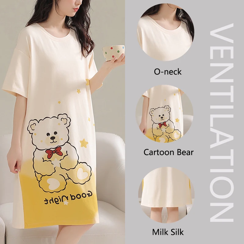 Women Large Size Pajamas Short-Sleeved Nightgown Cartoon Bear 5xl Long Student Robe Rabbitlong Skirt Loungewear Girl Dress thumbnail 2