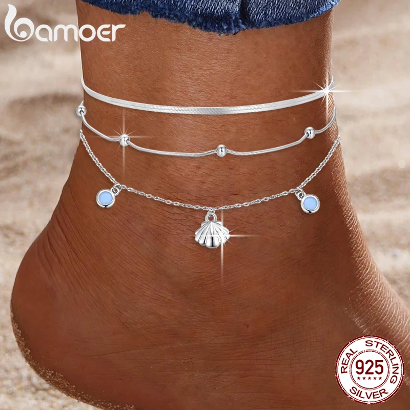 BAMOER Solid 925 Sterling Silver Dazzling Beads Anklet, Chian Bracelet for Leg Female Foot Jewelry For Women BST009