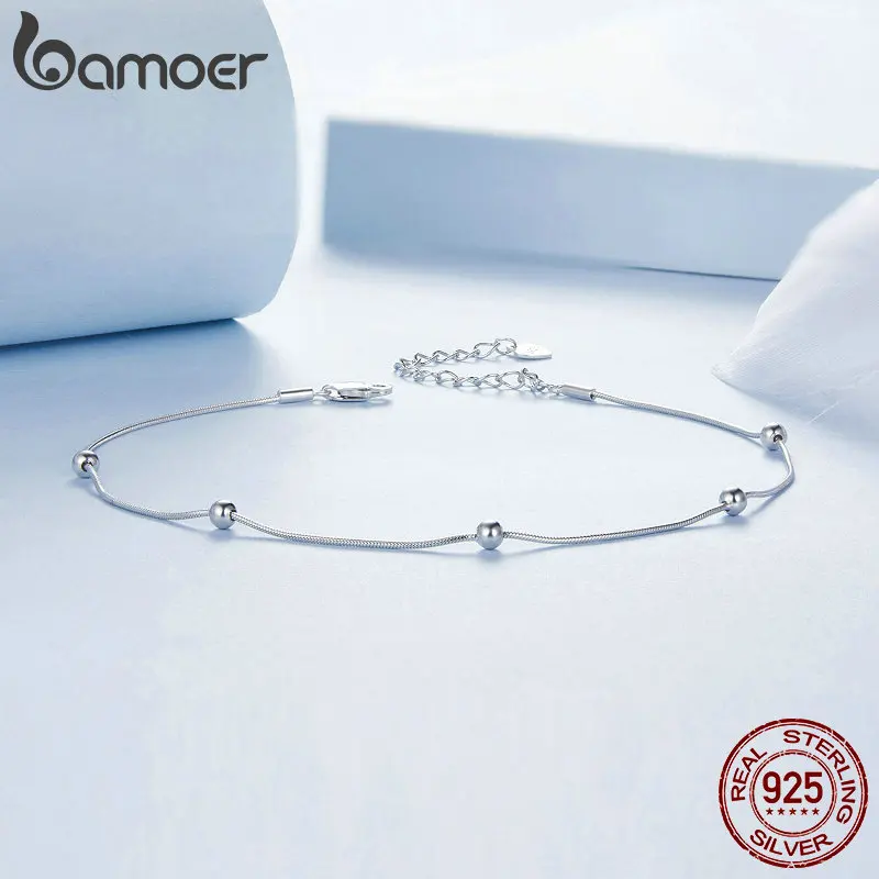 BAMOER Solid 925 Sterling Silver Dazzling Beads Anklet, Chian Bracelet for Leg Female Foot Jewelry For Women BST009 thumbnail 3