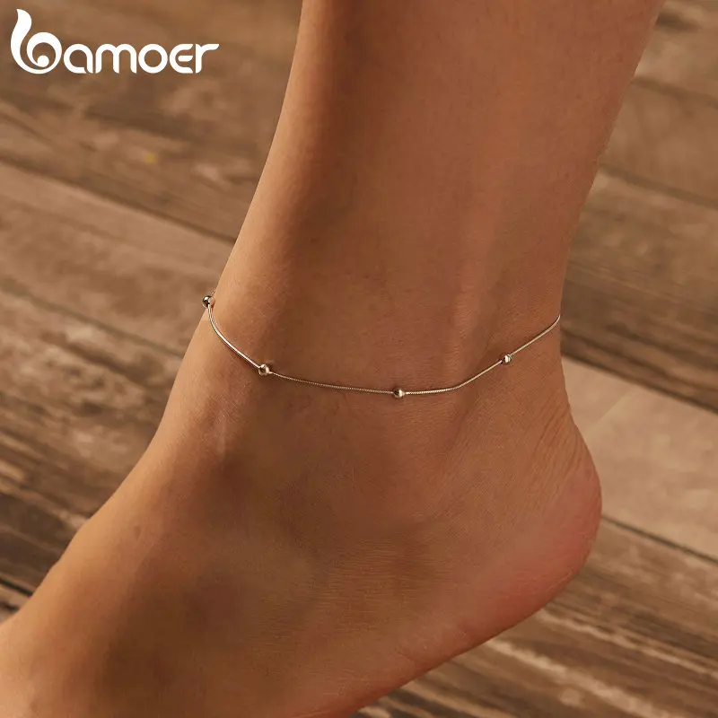 BAMOER Solid 925 Sterling Silver Dazzling Beads Anklet, Chian Bracelet for Leg Female Foot Jewelry For Women BST009 thumbnail 4