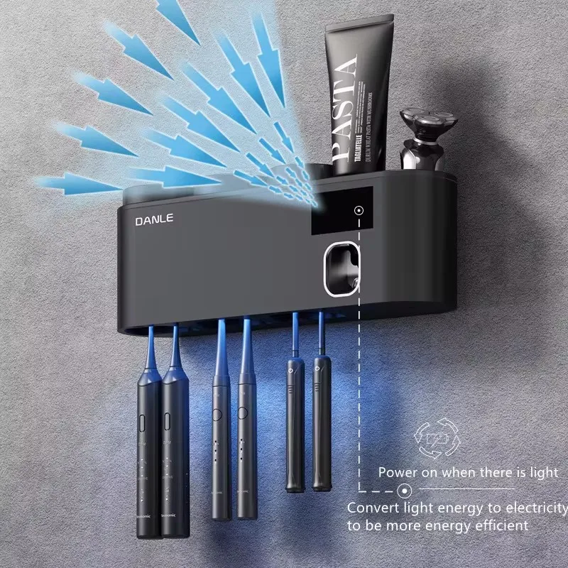 UV Sterilizing Toothbrush Holder Solar Powered Wall Mounted Toothpaste Dispenser Rechargeable Toothbrush Storage Rack thumbnail 3