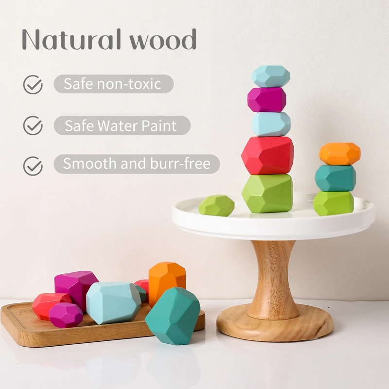 Wooden Sorting Stacking Rocks Stones Sensory Toddler Toys Learning Montessori Toys Building Blocks Game for Kids Birthday Gifts thumbnail 2