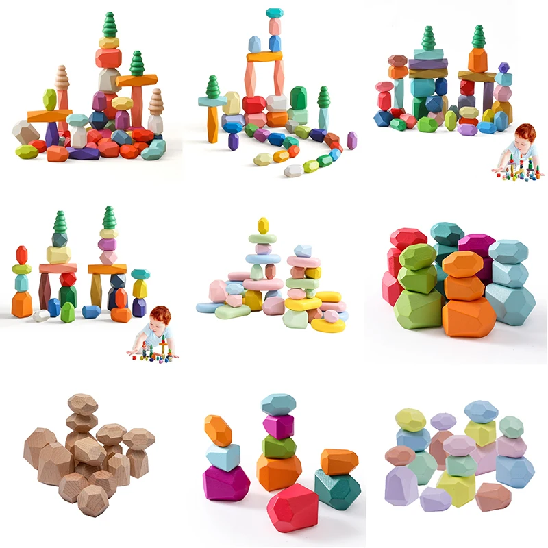Wooden Sorting Stacking Rocks Stones Sensory Toddler Toys Learning Montessori Toys Building Blocks Game for Kids Birthday Gifts