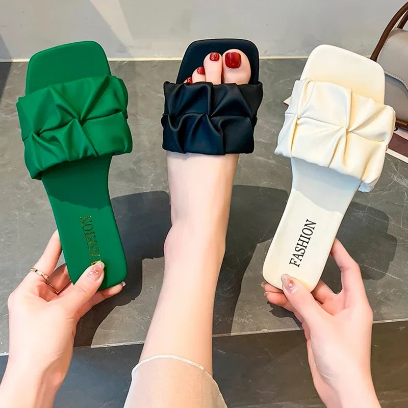 Summer Slippers For Women Flip Flops Flats 2024 New Pleated Korean Slippers Women Sandals Green Slip On Shoes Big Size 35-42 thumbnail 5