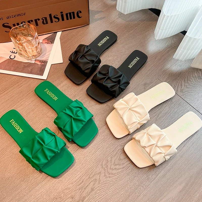 Summer Slippers For Women Flip Flops Flats 2024 New Pleated Korean Slippers Women Sandals Green Slip On Shoes Big Size 35-42 thumbnail 4