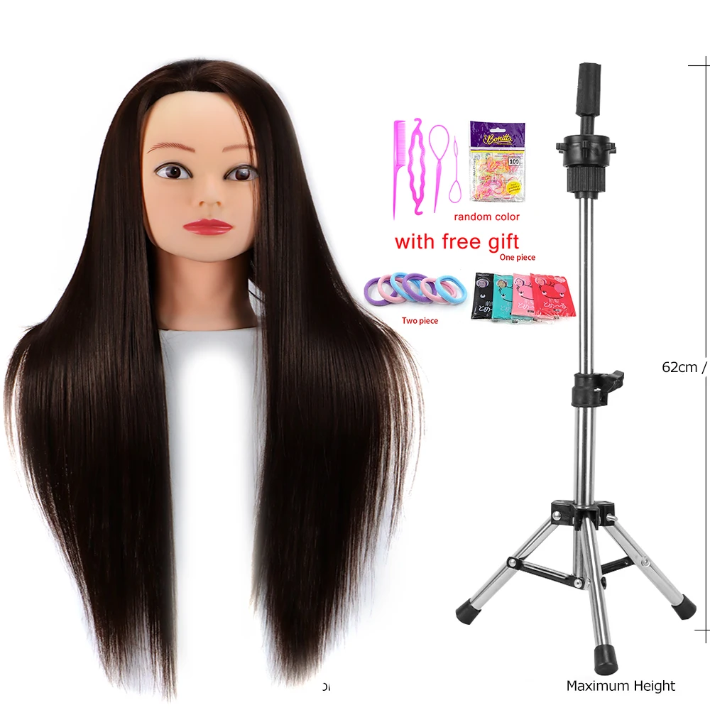 Mannequin Head 100% Synthetic Hair Hairdresser Training Head With Tripod Manikin Cosmetology Doll Head For Braiding Styling thumbnail 2