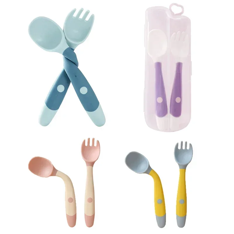 Baby Children Spoon Fork Set Soft Bendable Silicone Scoop Fork Kit Tableware Toddler Training Feeding Cutlery Utensils Tableware thumbnail 2