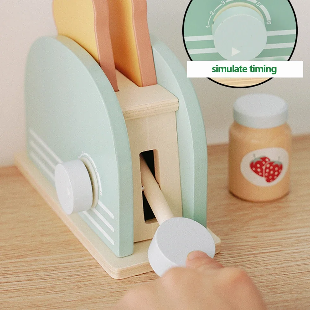 Wooden Toaster Toy Kids Bread Machine Kit Pretend Play Kitchen Toys Set Breakfast Educational Toys Gifts for Girls Boys thumbnail 5