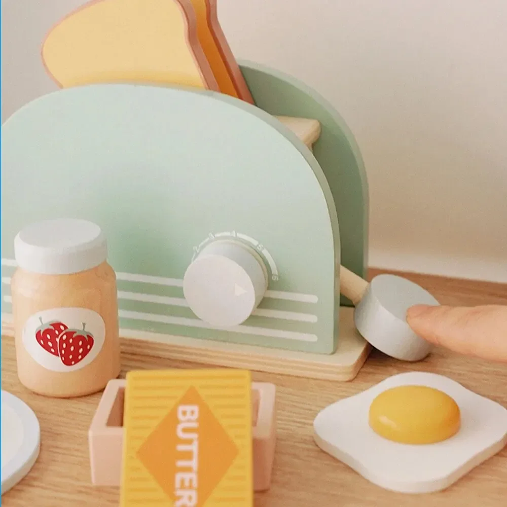 Wooden Toaster Toy Kids Bread Machine Kit Pretend Play Kitchen Toys Set Breakfast Educational Toys Gifts for Girls Boys thumbnail 3